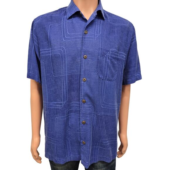 Tommy Bahama Silk Camp Shirt Men S Geometrical Print Short Sleeve Royal Blue - Picture 1 of 13